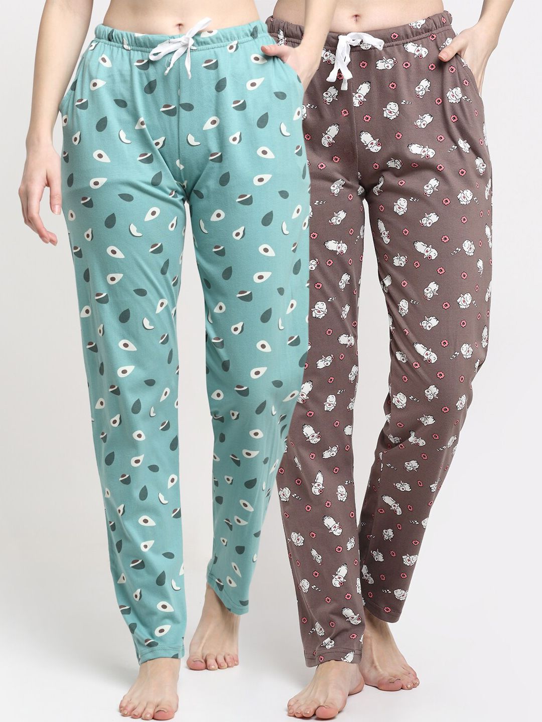 Kanvin Women Pack of 2 Brown & Blue Printed Cotton Lounge Pants Price in India