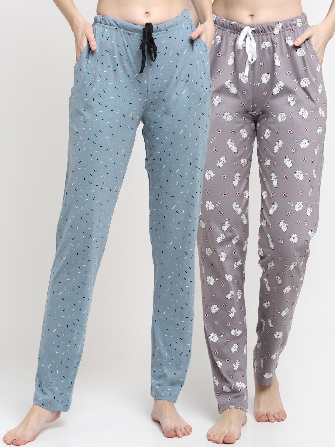 Kanvin Women Pack of 2 Grey & Blue Printed Cotton Lounge Pants Price in India