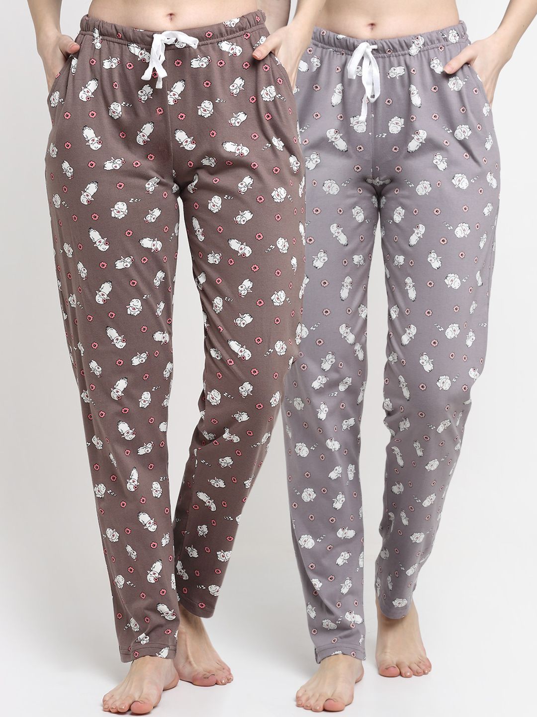 Kanvin Women Pack Of 2 Brown & Grey Printed Pure Cotton Lounge Pants Price in India