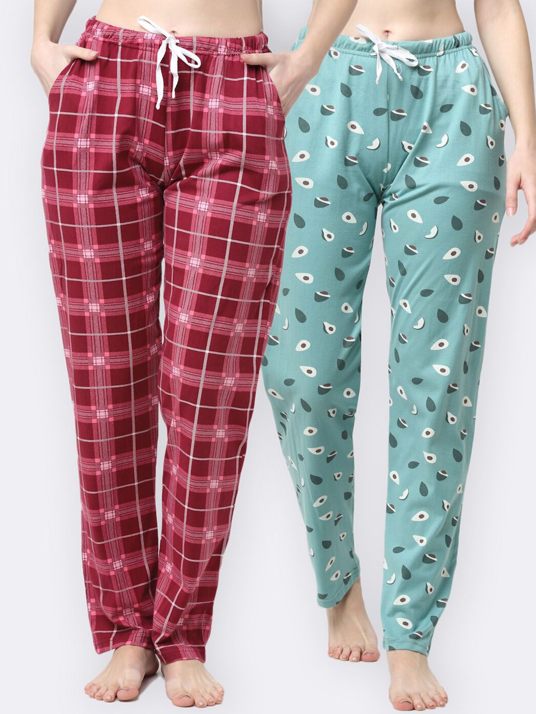 Kanvin Women Green & Red Solid Printed Pack Of 2 Lounge Pants Price in India