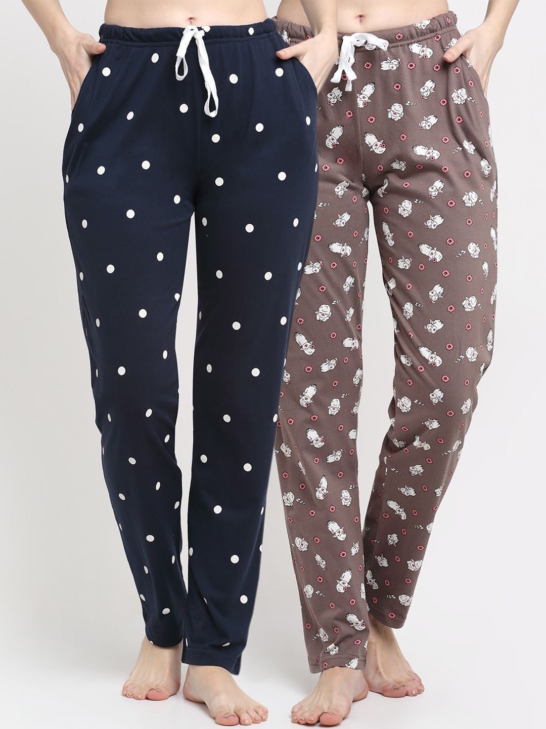 Kanvin Women Pack of 2 Navy Blue & Brown Printed Cotton Lounge Pants Price in India