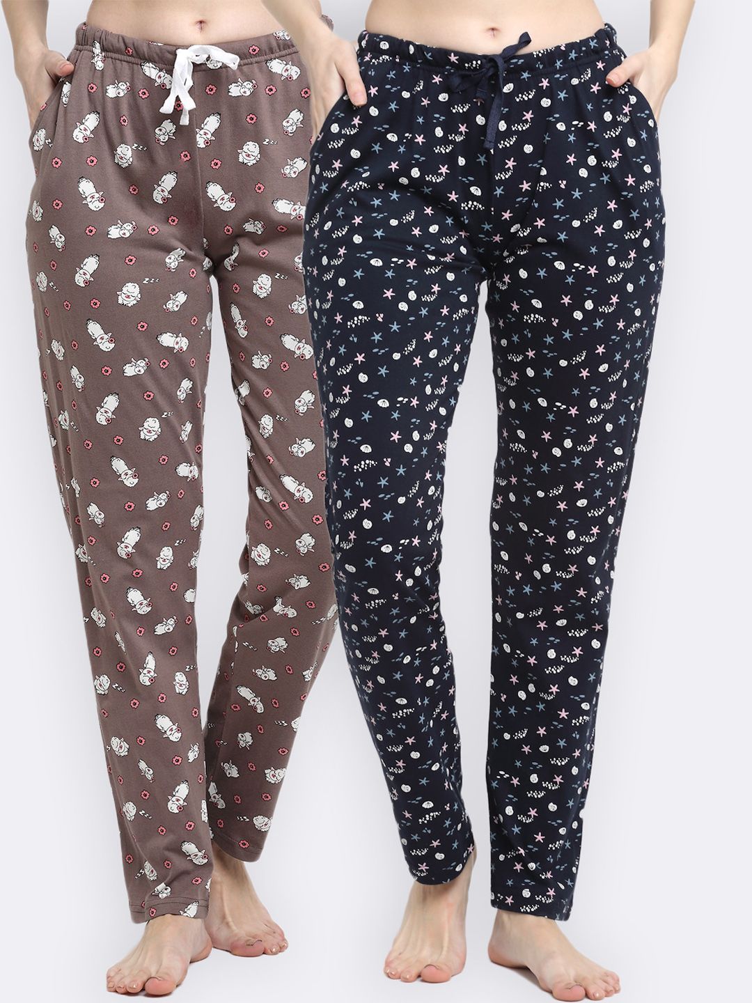 Kanvin Women Set of 2 Brown and Navy Blue printed cotton lounge pants Price in India