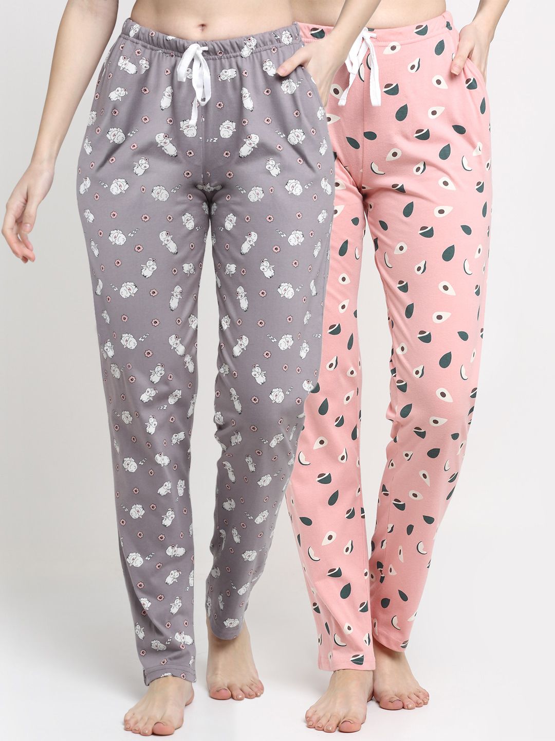 Kanvin Women Pack of 2 Pink & Grey Printed Cotton Lounge Pants Price in India