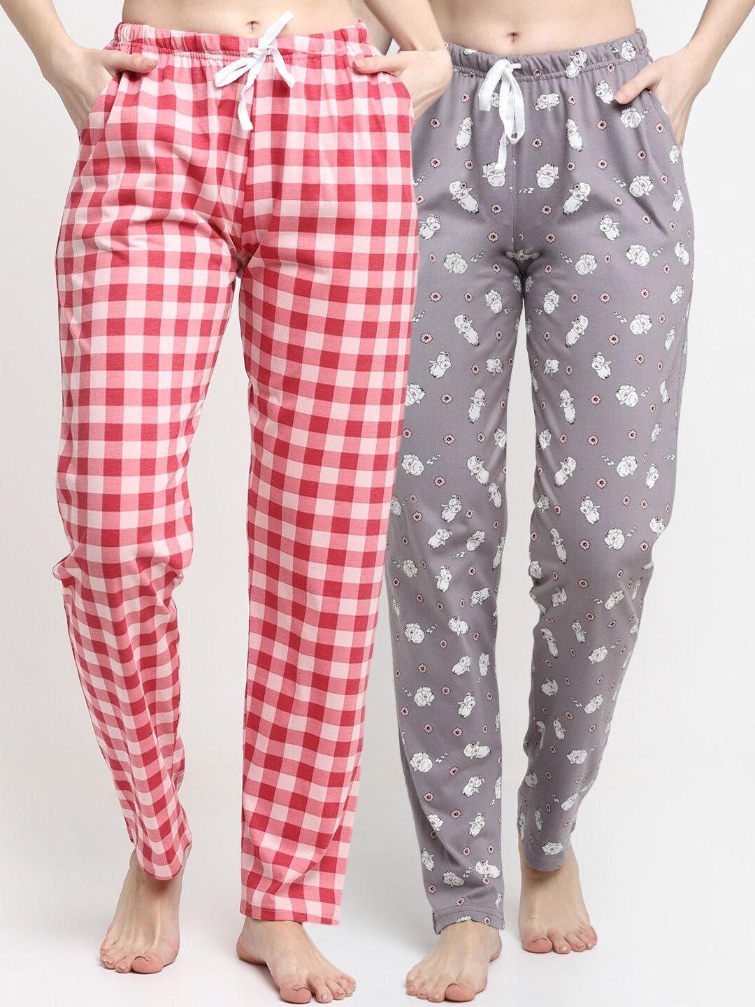 Kanvin Women Pack of 2 Grey & Pink Printed Lounge Pants Price in India