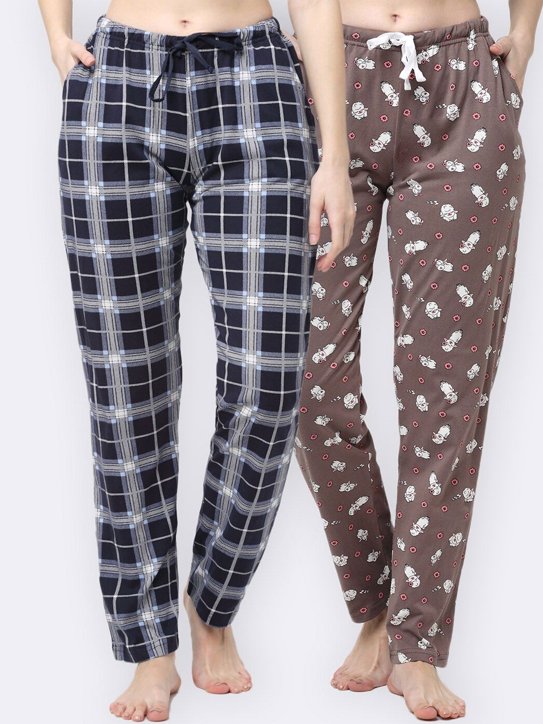 Kanvin Women Brown & Navy Blue Solid Printed Pack Of 2 Lounge Pants Price in India