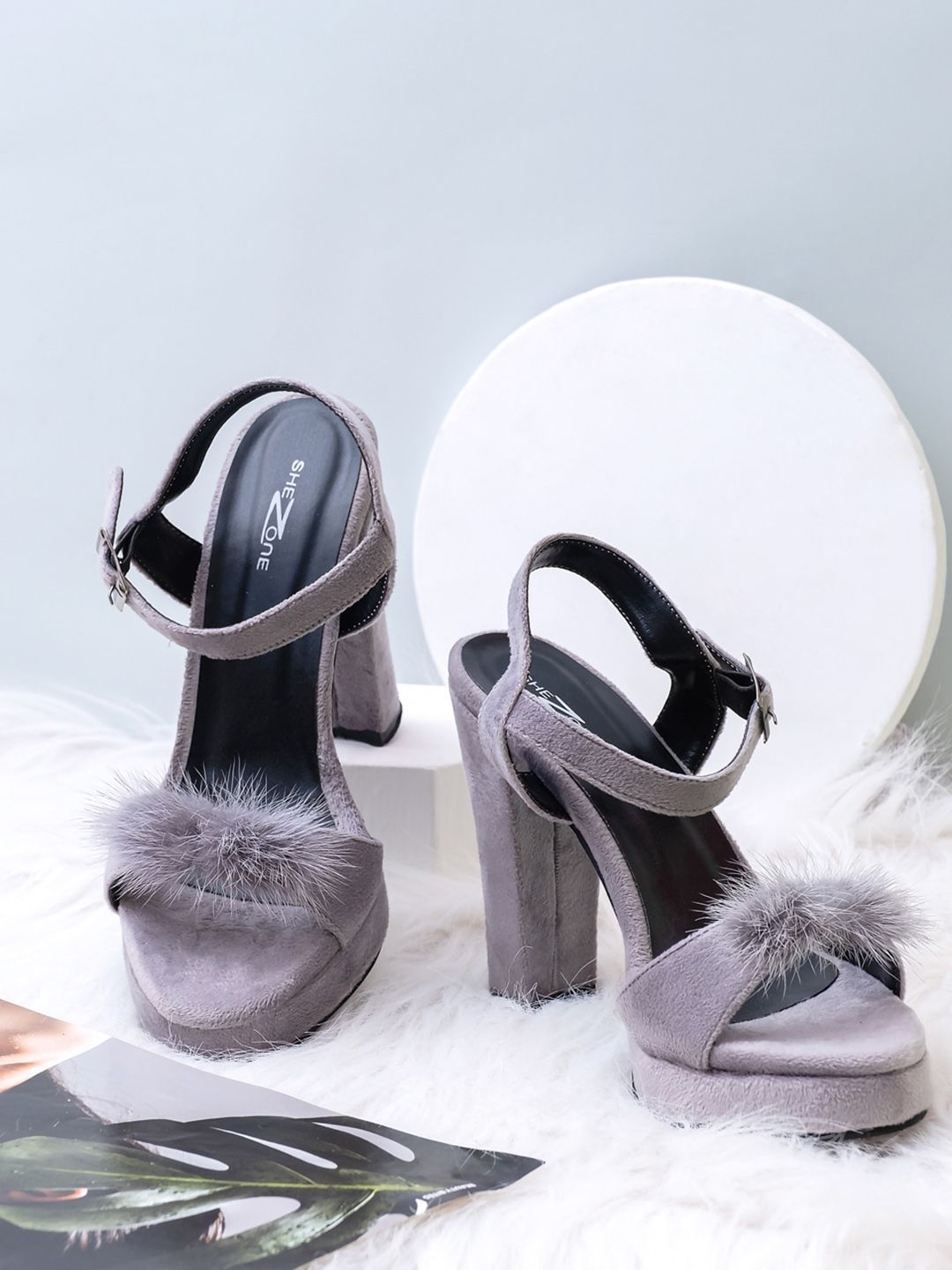 Shezone Grey Textured Suede Block Mules Price in India