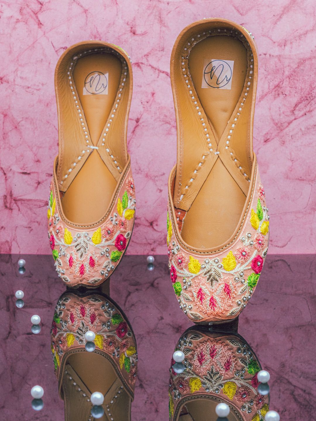 NR By Nidhi Rathi Women Peach-Coloured Printed Mojaris Flats Price in India
