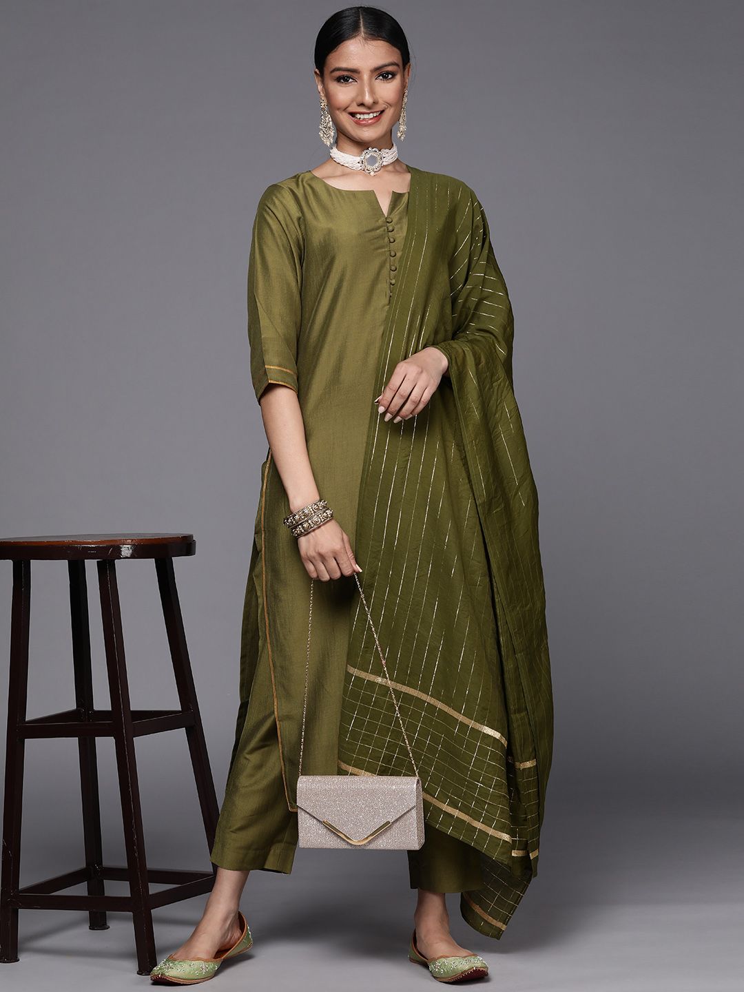 Libas Women Olive Green Kurta with Trousers & With Dupatta Price in India