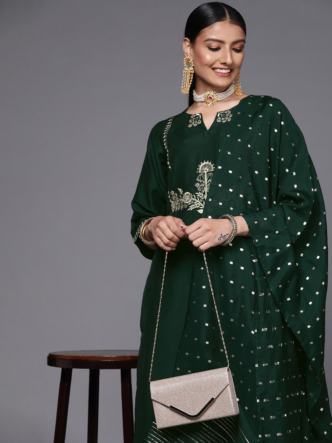 Libas Women Green Floral Embroidered Kurta with Trousers & With Dupatta Price in India