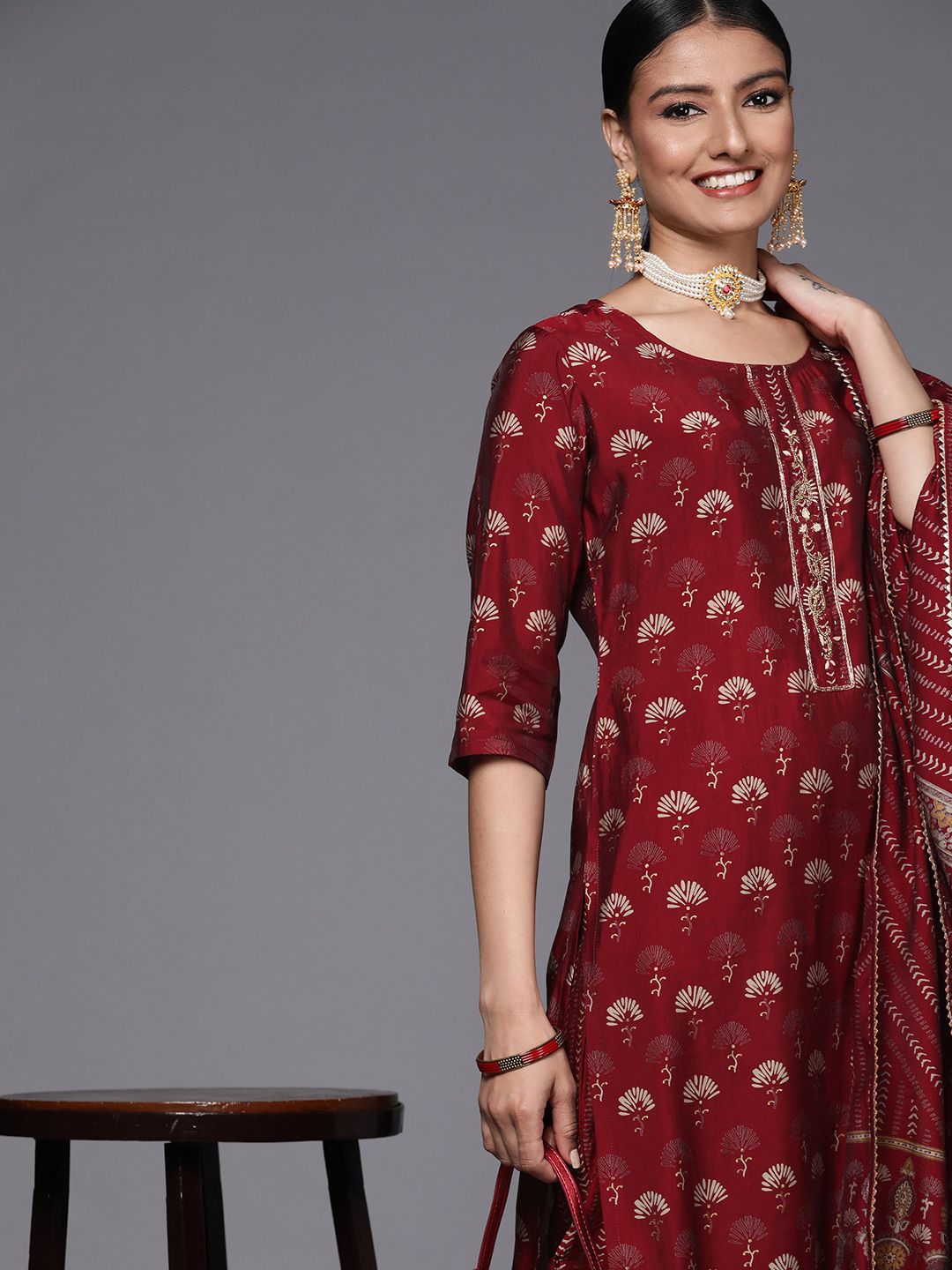 Libas Women Maroon Floral Printed Kurta with Trousers & With Dupatta Price in India