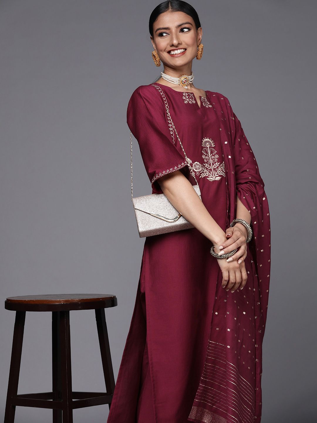 Libas Women Maroon Ethnic Motifs Embroidered Kurta with Trousers & Dupatta Price in India