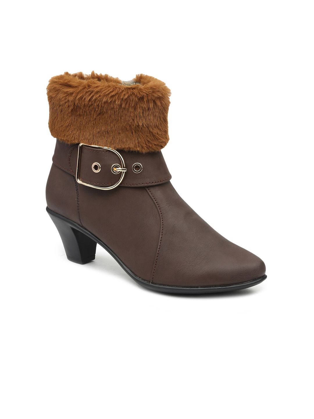 VALIOSAA Women Brown Faux Fur Trim Heeled Boots Price in India