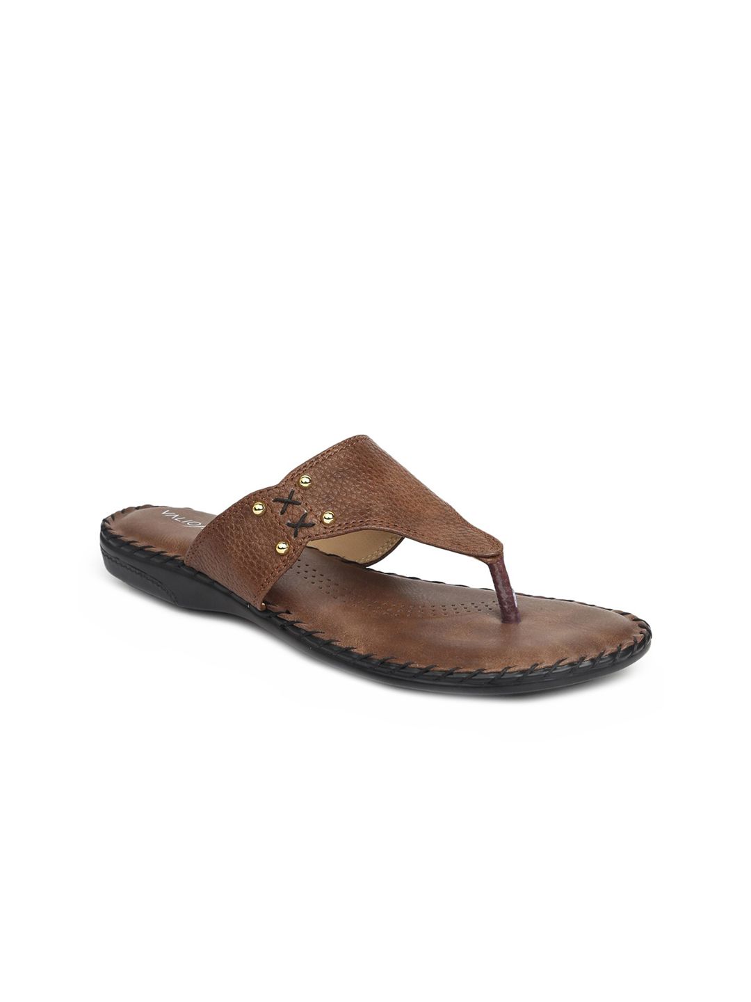 VALIOSAA Women Brown T-Strap Flats with Laser Cuts Price in India