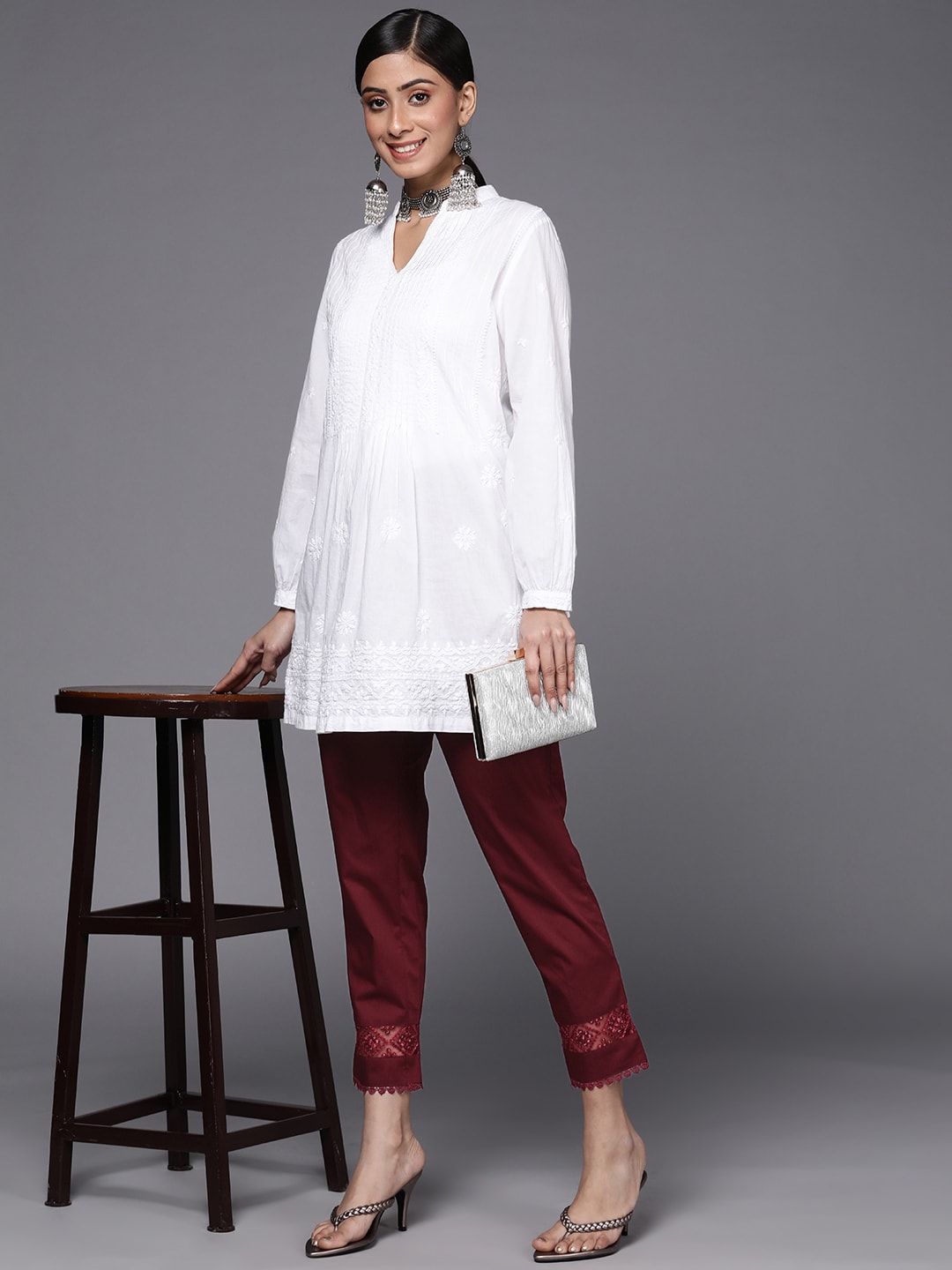 Libas Women Maroon Pure Cotton Trousers with Lace Details at Hem Price in India