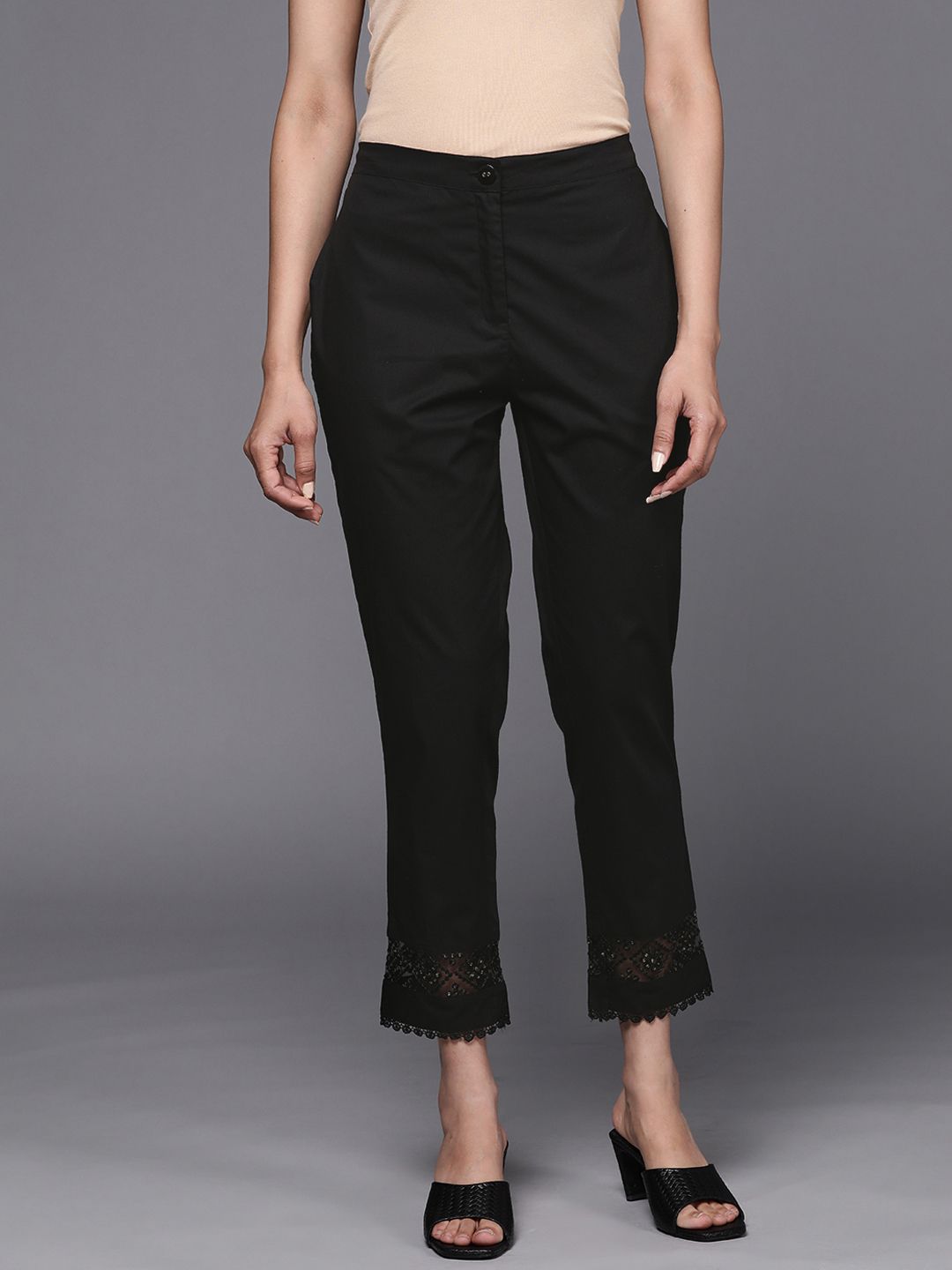 Libas Women Black Pure Cotton Trousers with Lace Details at Hem Price in India