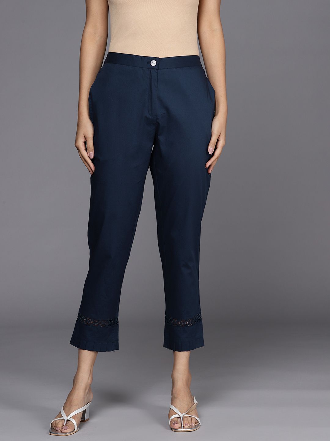 Libas Women Navy Blue Straight Fit Pure Cotton Trousers Price in India