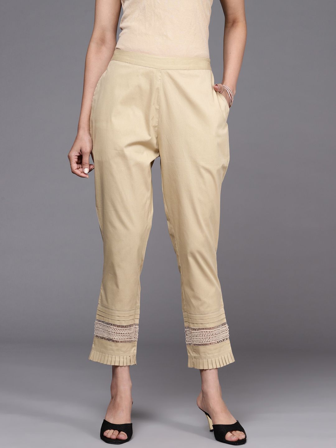Libas Women Beige Solid Pure Cotton Trousers