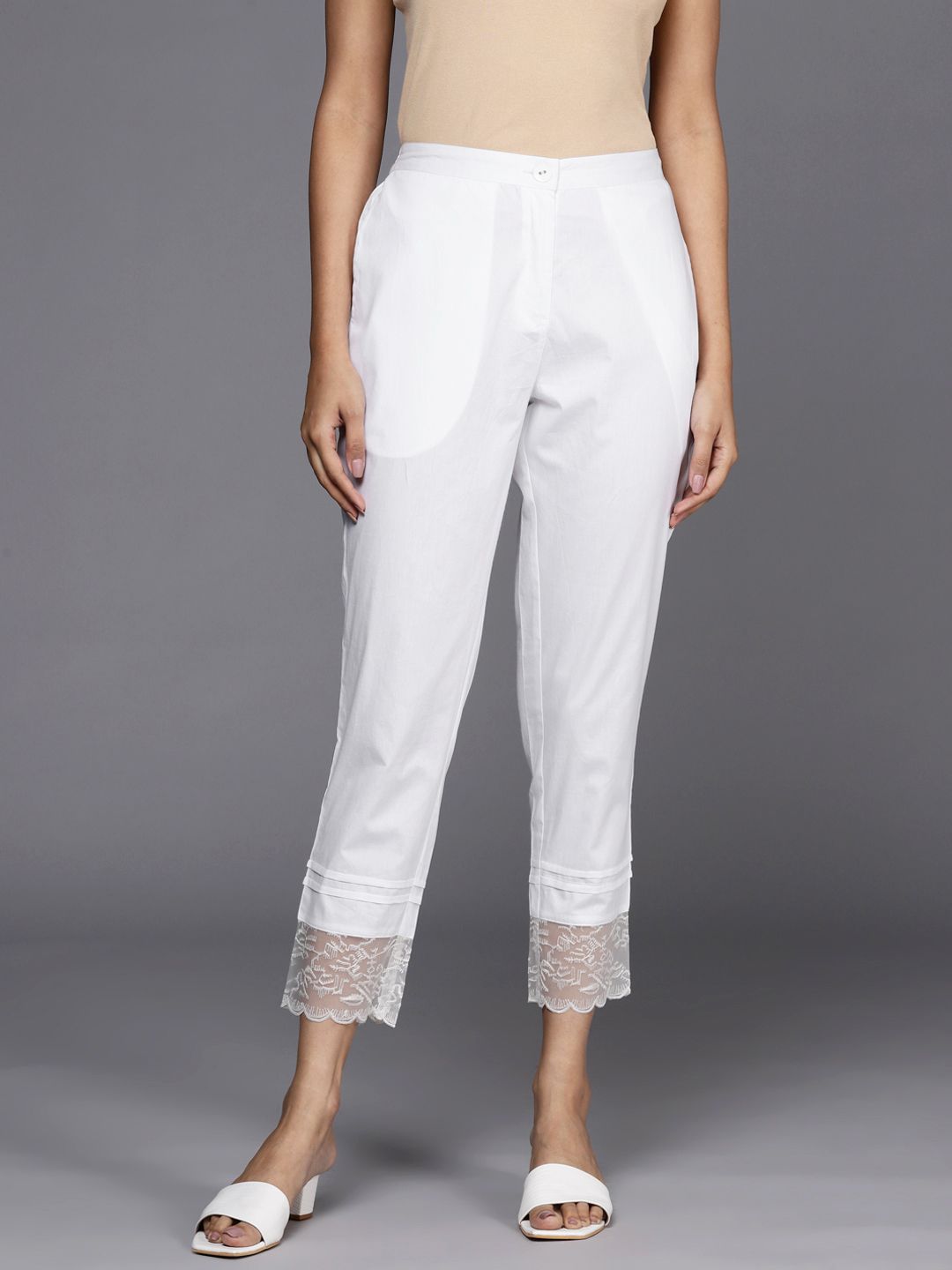 Libas Women White Solid Pure Cotton Trousers with Lace Inserts Price in India