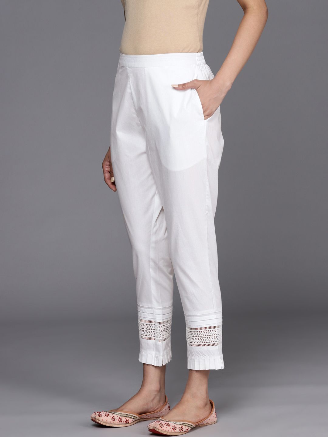 Libas Women White Straight Fit Pure Cotton Trousers Price in India
