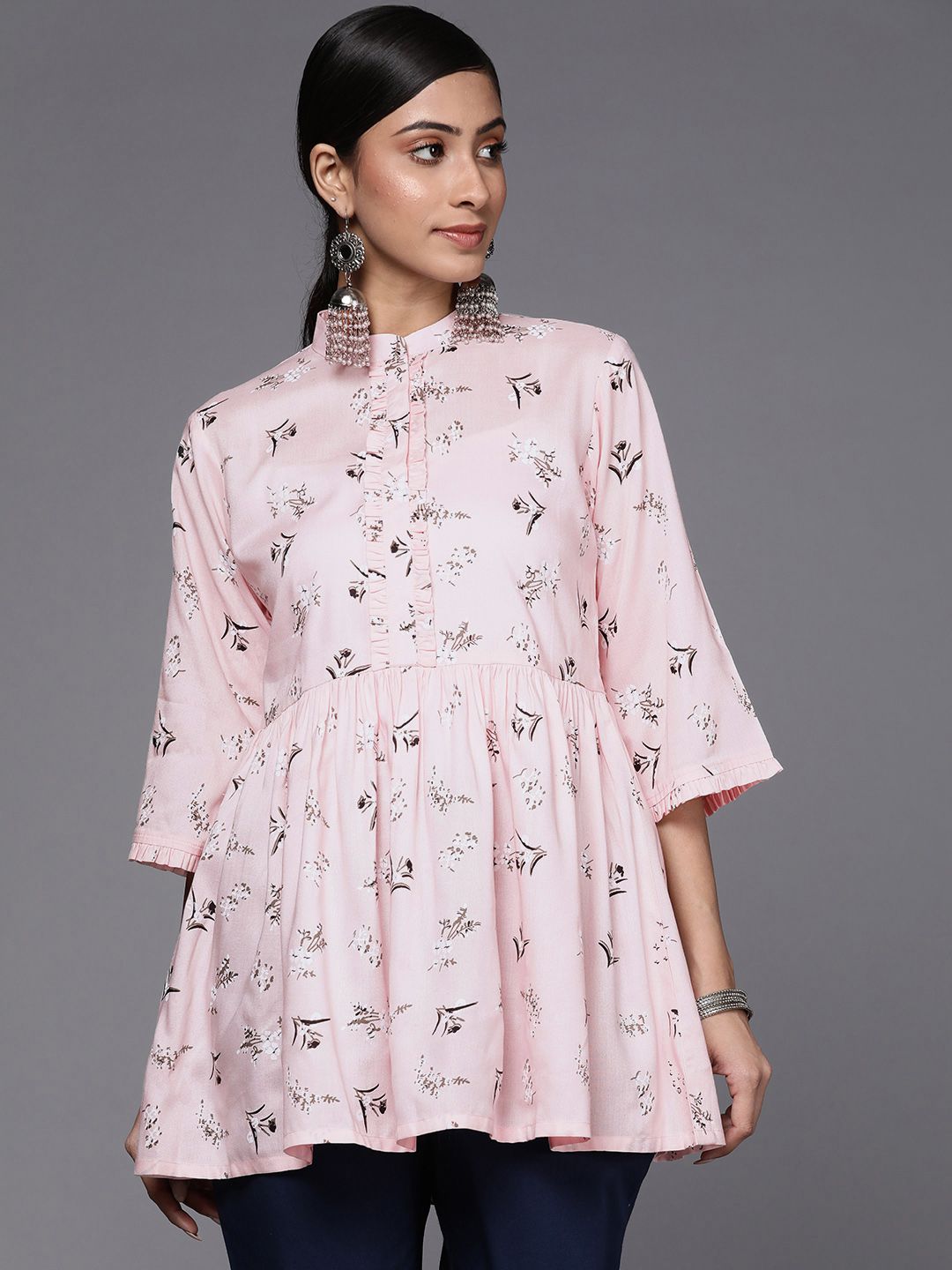Libas Pink Floral Printed Pure Cotton Pleated Anarkali Kurti Price in India
