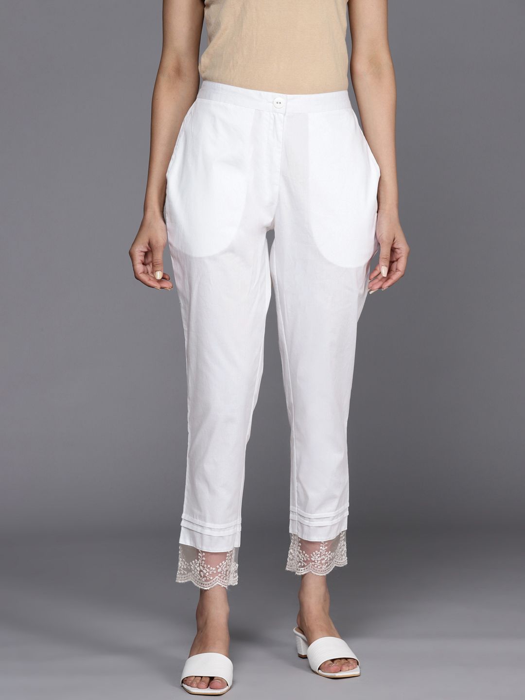 Libas Women Off White Solid Pure Cotton Trousers with Lace Inserts Detail Price in India