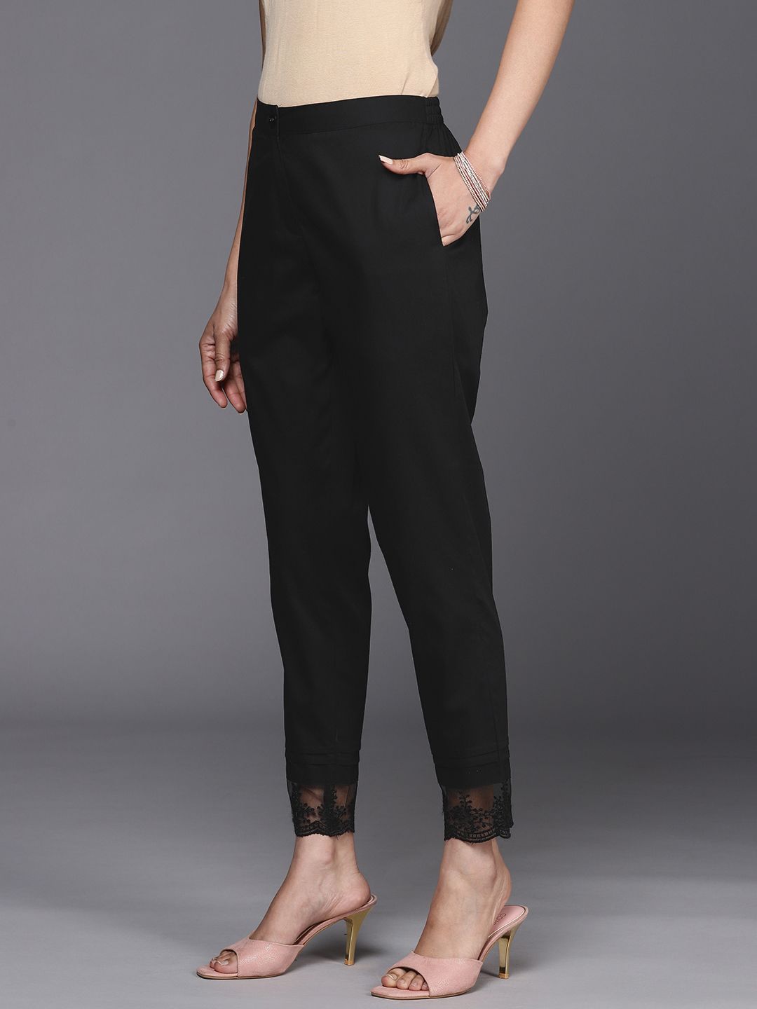 Libas Women Black Straight Fit Pure Cotton Trousers with Lace Inserts Price in India