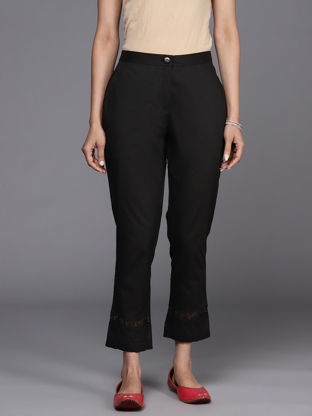 Libas Women Black Solid Straight Fit Pure Cotton Trousers Price in India