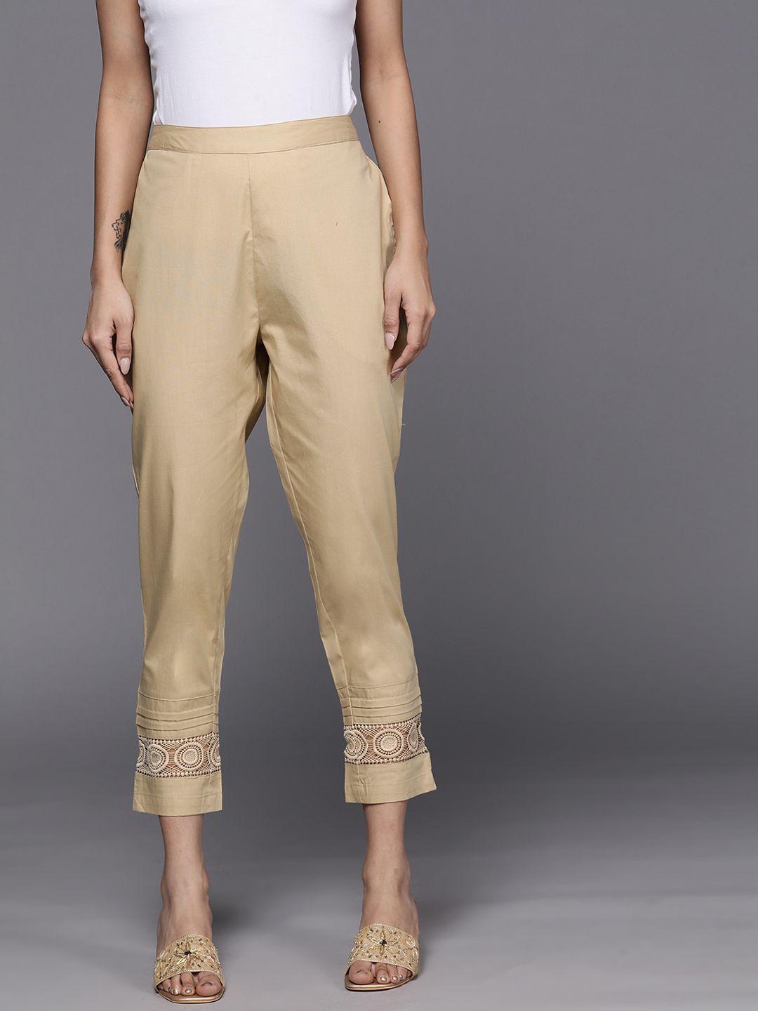 Libas Women Beige Pure Cotton Trousers with Designed Hem Price in India