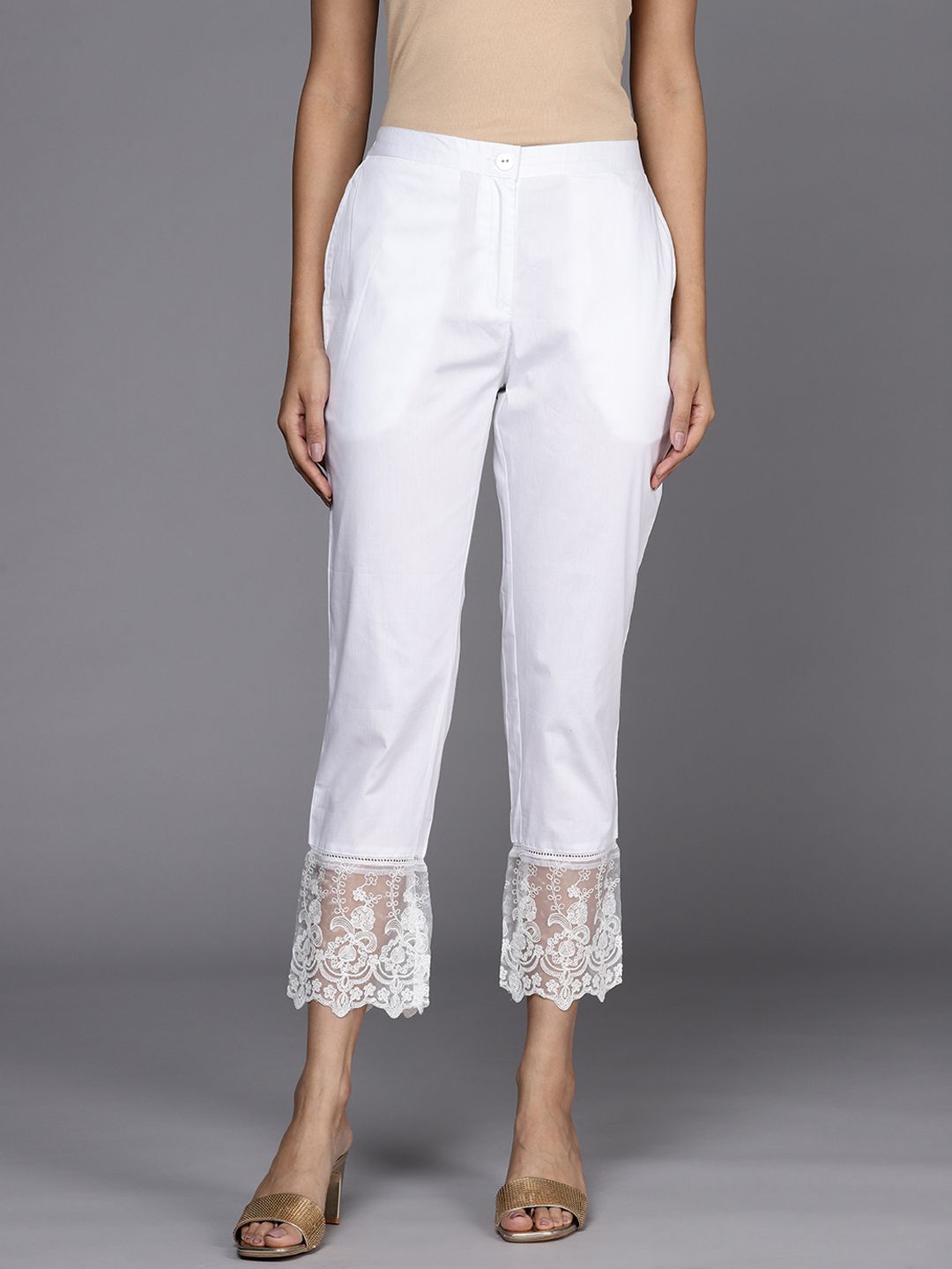 Libas Women White Solid Pure Cotton Trousers with Lace Inserts Price in India