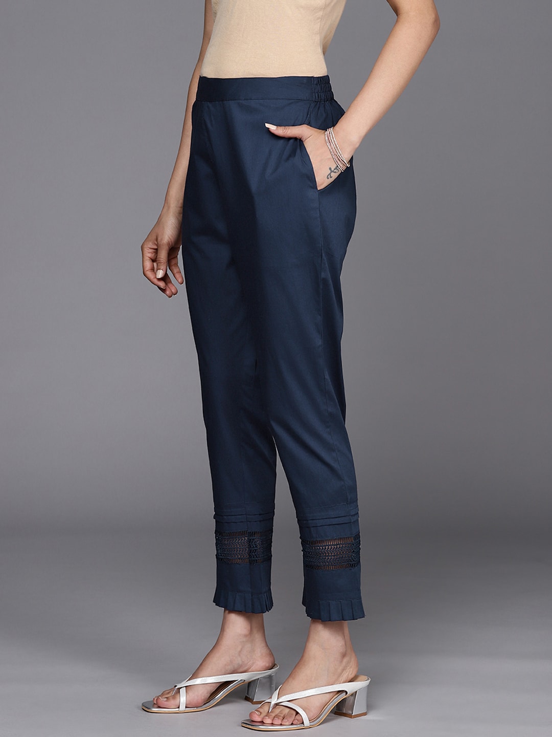 Libas Women Navy Blue Solid Straight Fit Pure Cotton Trousers Price in India