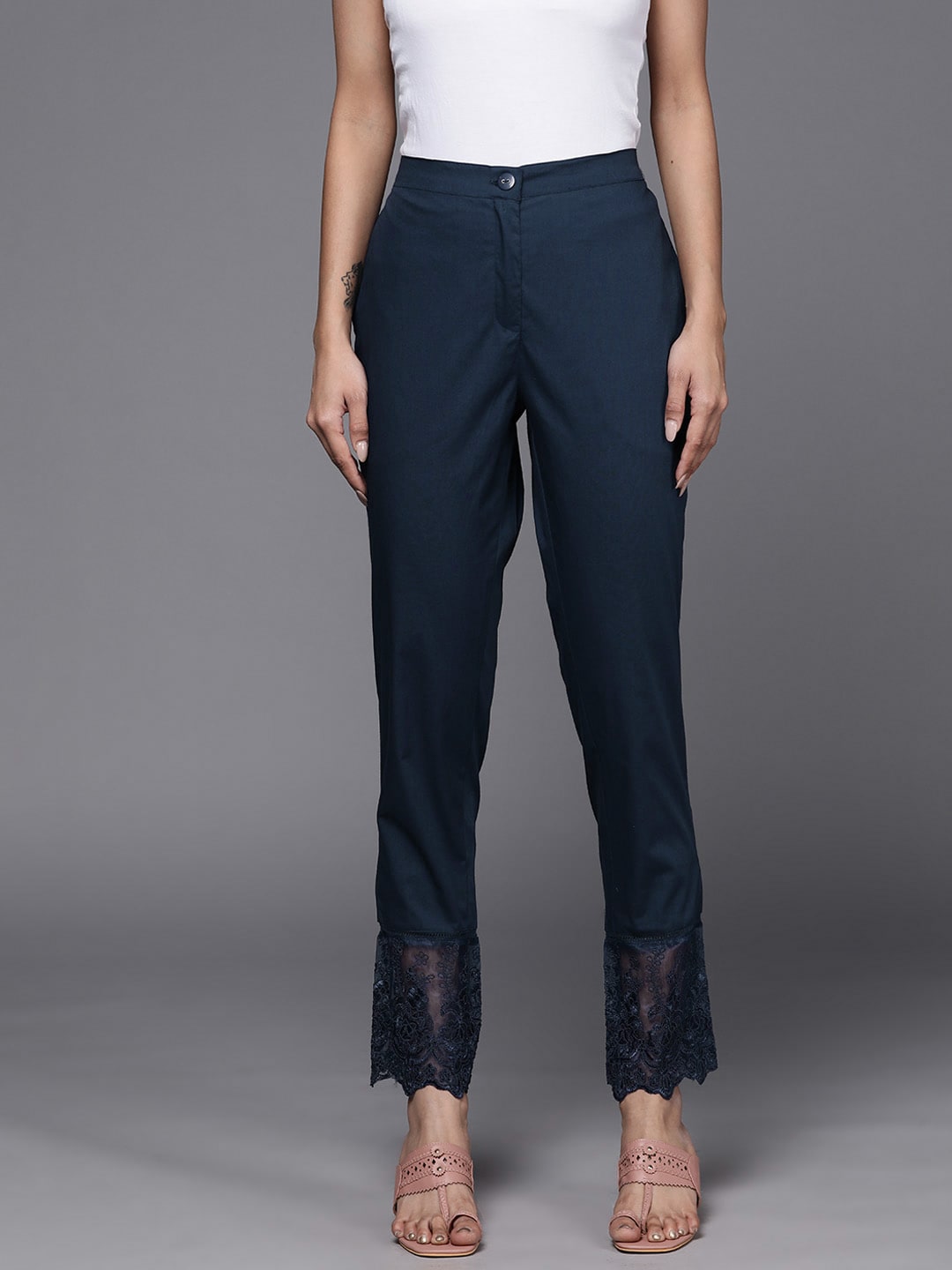 Libas Women Navy Blue Pure Cotton Trousers with Lace Details at Hem Price in India