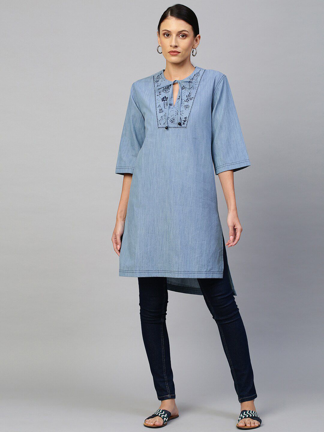 Modern Indian by CHEMISTRY Women Blue Neck Design Kurta with Embroidery detail Price in India