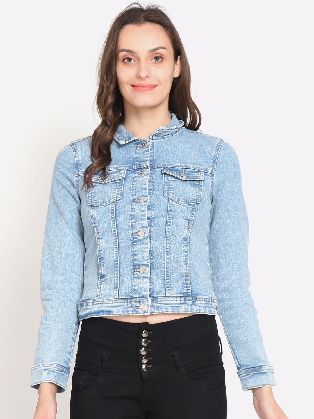 NoBarr Women Blue Washed Striped Crop Denim Jacket Price in India