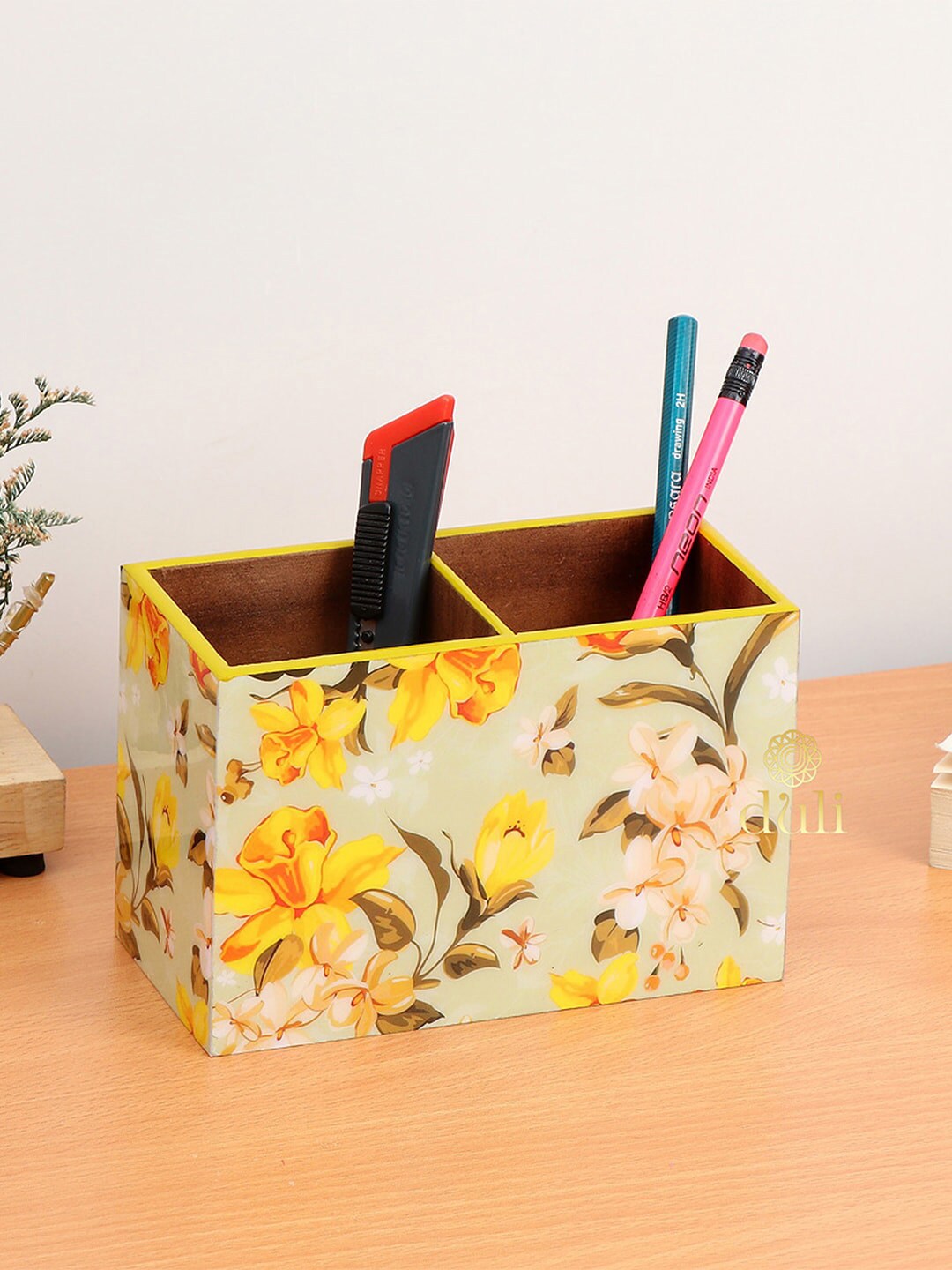DULI Yellow Floral Print MDF Wood Cutlery Holder Price in India