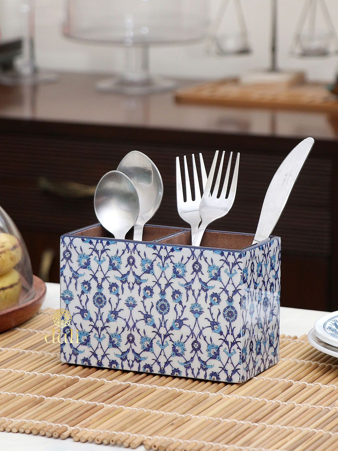 DULI White & Blue MDF Wood Cutlery Holder Price in India