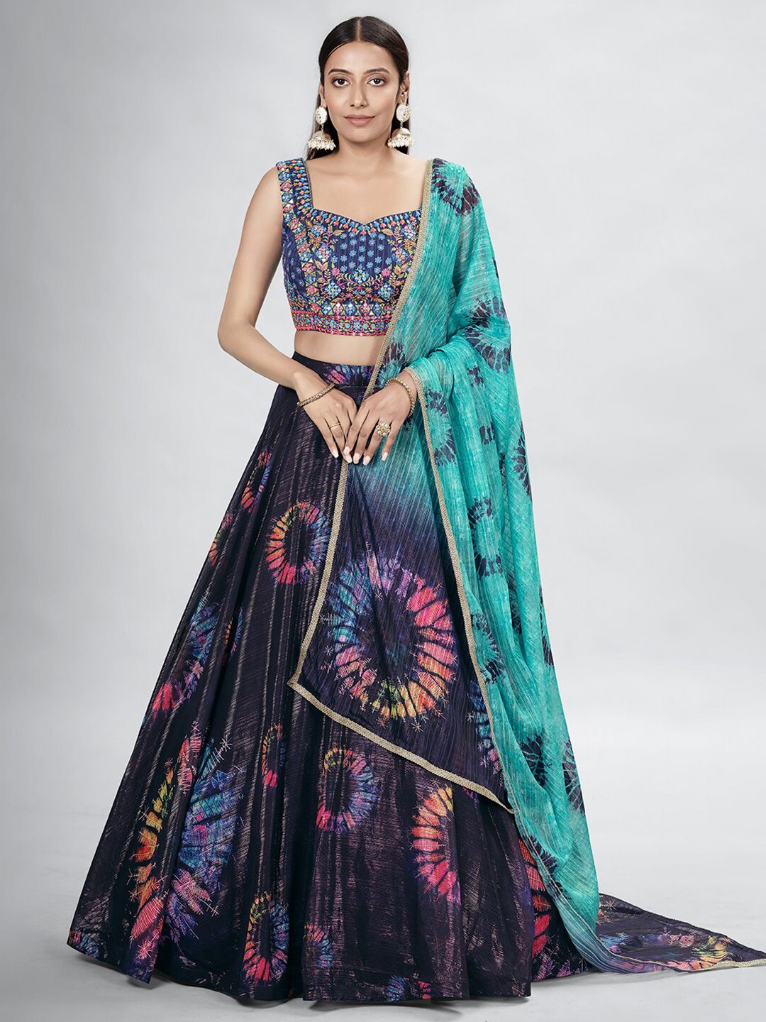 DRESSTIVE Navy Blue & Pink Embellished Sequinned Semi-Stitched Lehenga & Unstitched Blouse With Dupatta Price in India