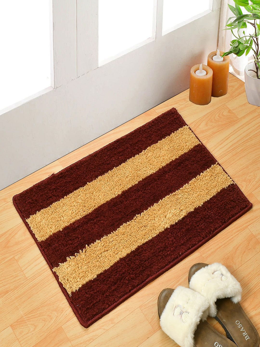 Homefab Pack of 2 Maroon & Beige Microfiber Striped Water Absorbent Anti-Skid Bath Mat