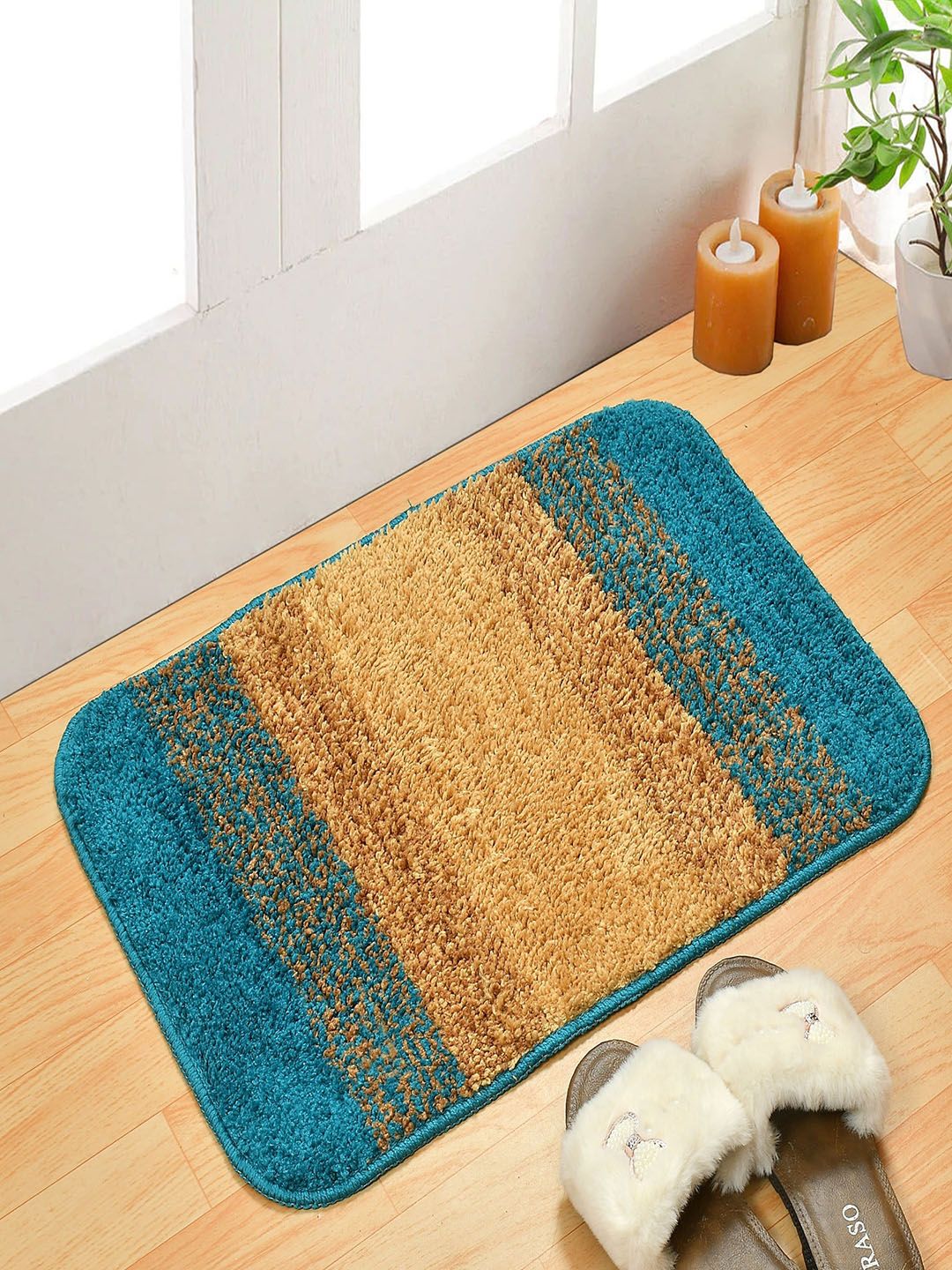 Homefab India Pack of 2 Blue & Brown Striped 1000 GSM Anti-Skid Bath Rugs