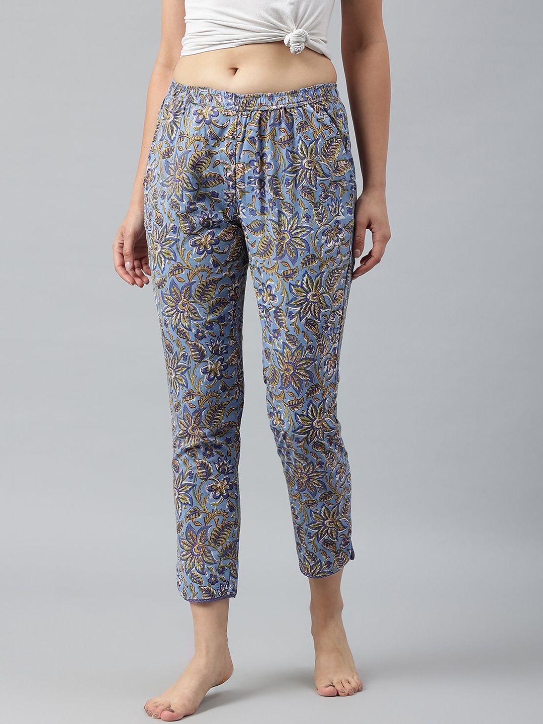 pinwheel Women Blue & Green Printed Cotton Lounge Pant Price in India