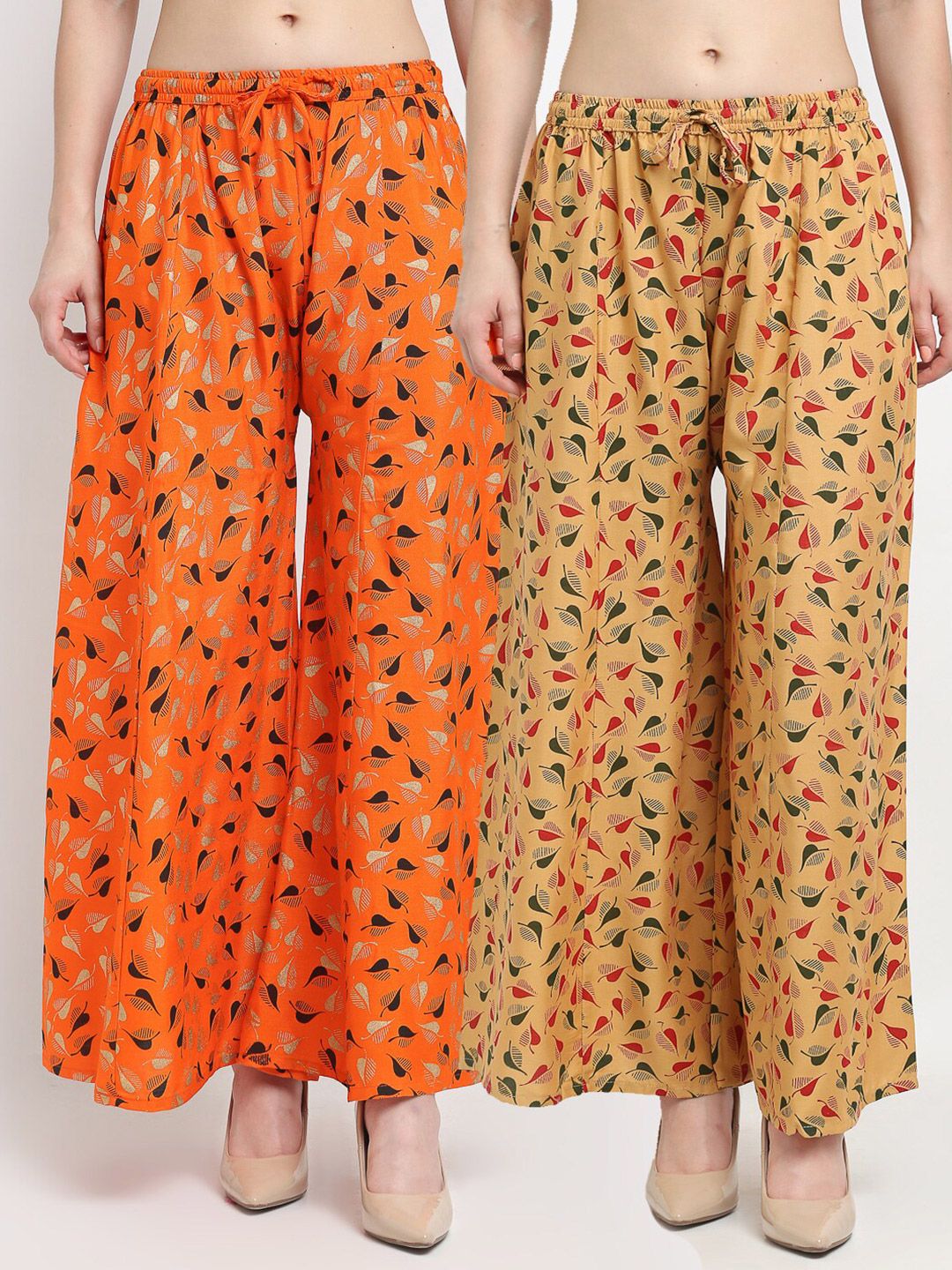 Jinfo Women Pack of 2 Orange & Beige Floral Printed Flared Knitted Ethnic Palazzos Price in India