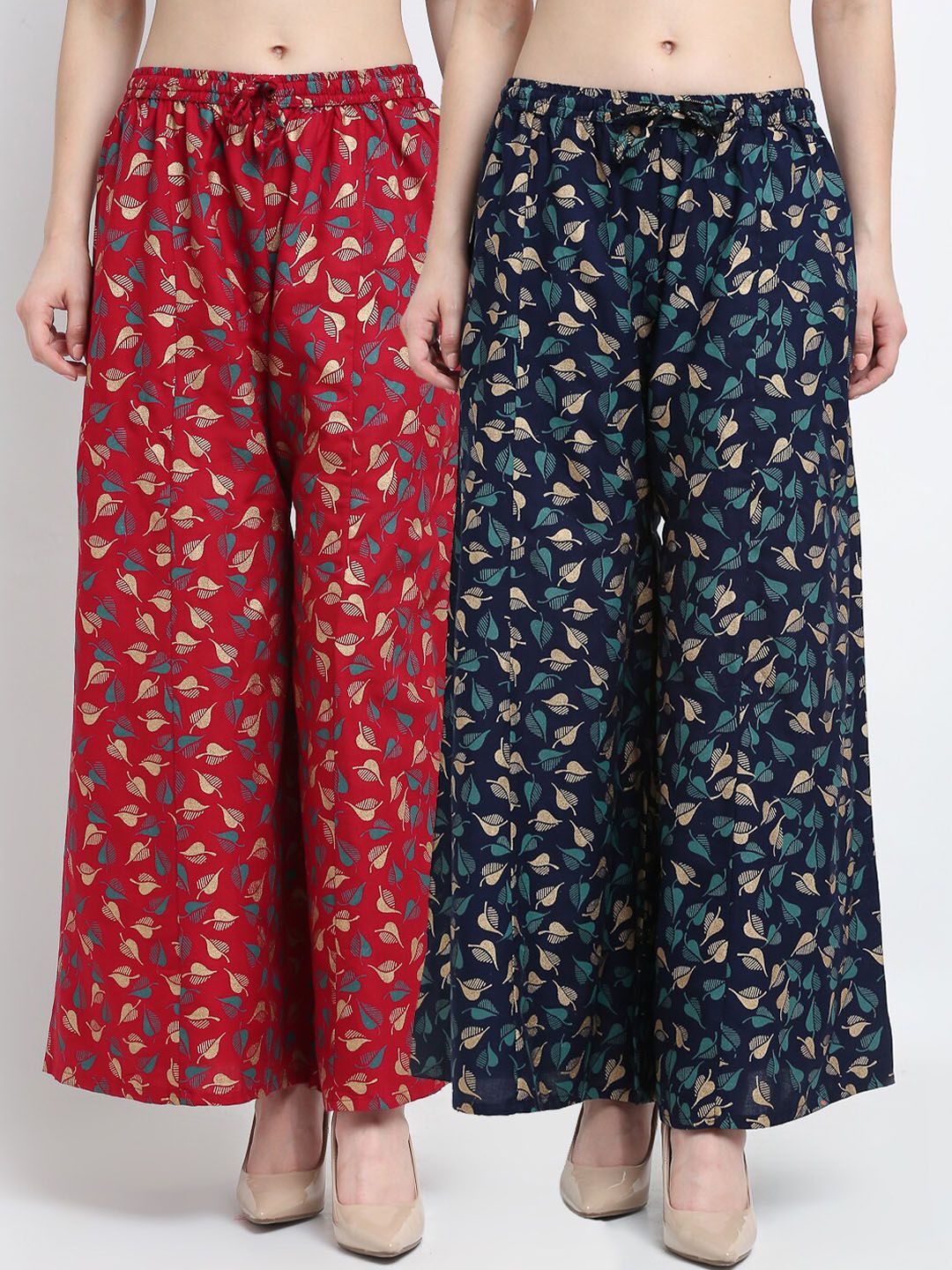 Jinfo Women Set Of 2 Maroon & Navy Blue Floral Printed Flared Ethnic Palazzos Price in India