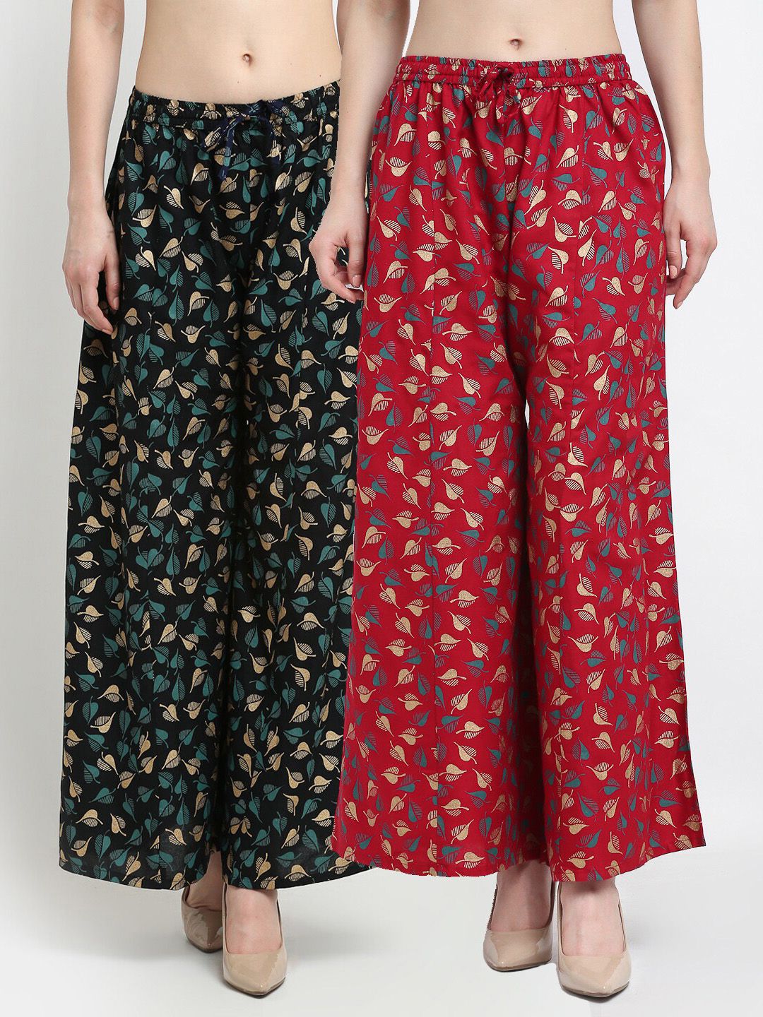 Jinfo Women Black & Maroon Pack Of 2 Floral Printed Flared Knitted Ethnic Palazzos Price in India