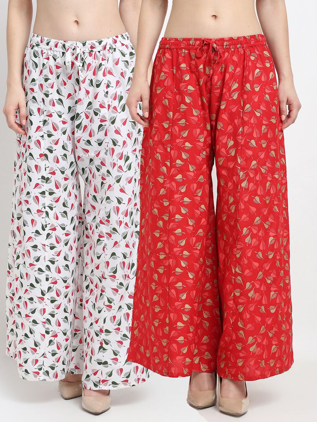 Jinfo Pack of 2 Women White & Red Printed Flared Knitted Ethnic Palazzos Price in India