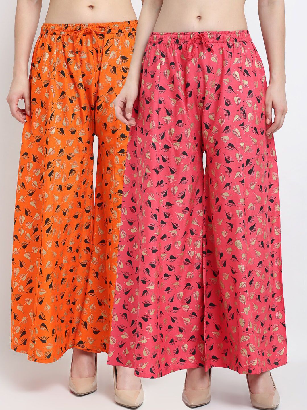 Jinfo Women Pack of 2 Orange & Peach-Coloured 2 Printed Flared Knitted Ethnic Palazzos Price in India