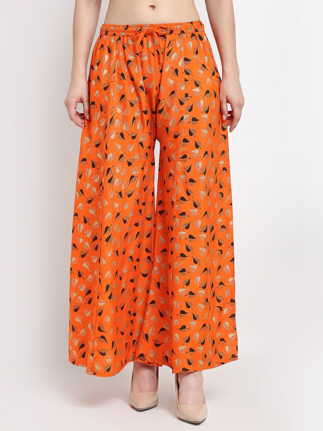 Jinfo Women Orange & Black Printed Flared Knitted Ethnic Palazzos Price in India