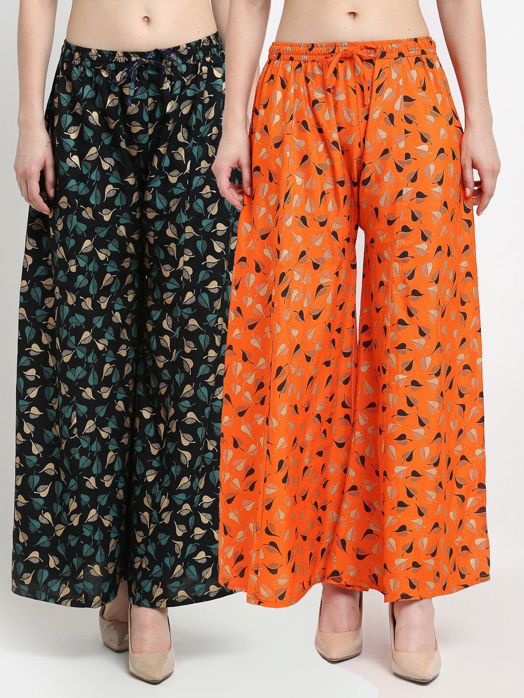 Jinfo Women Black & Orange Set of 2 Floral Printed Flared Knitted Ethnic Palazzos Price in India