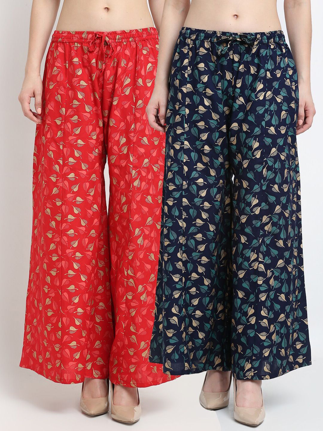 Jinfo Women Pack of 2 Red & Navy Blue Printed Flared Knitted Ethnic Palazzos Price in India