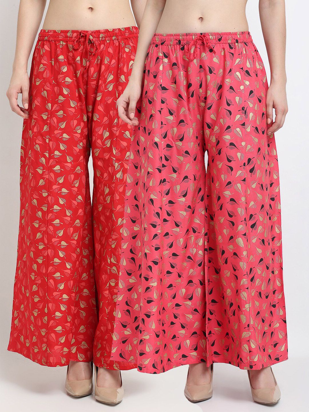 Jinfo Women Red & Peach-Coloured Pack Of 2 Printed Flared Knitted Ethnic Palazzos Price in India