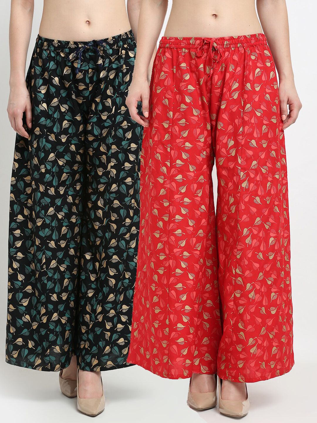 Jinfo Women Pack of 2 Black & Red Floral Printed Flared Knitted Ethnic Palazzos Price in India