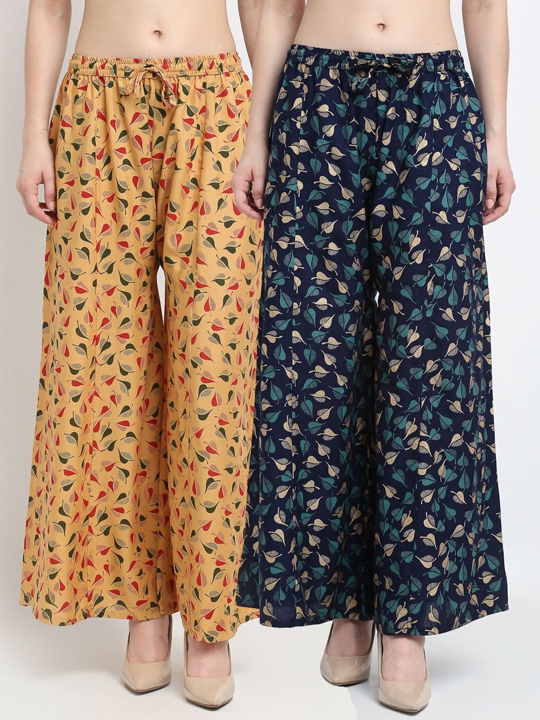 Jinfo Women Pack of 2 Beige & Navy Blue  Printed Flared Knitted Ethnic Palazzos Price in India